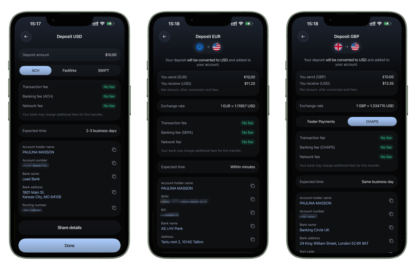 Receive USD, EUR or GBP into Ethena Pay. Every deposit converts to USD on arrival.